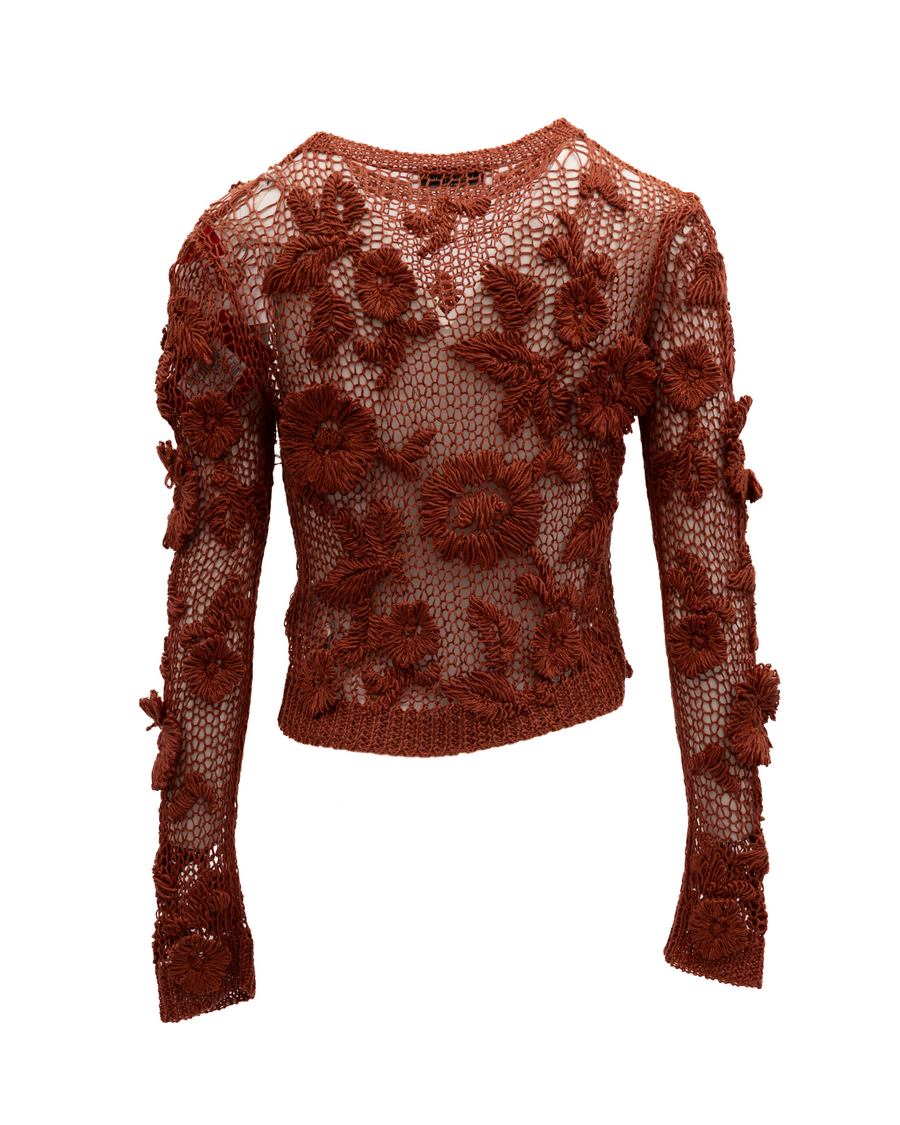 Rust Crochet Floral Top Brown