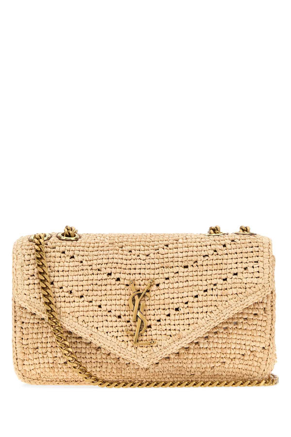 Saint Laurent Loulou Exterior: 100% Raffia; Finishing: Antiqued golden metal shoulder bag in beige