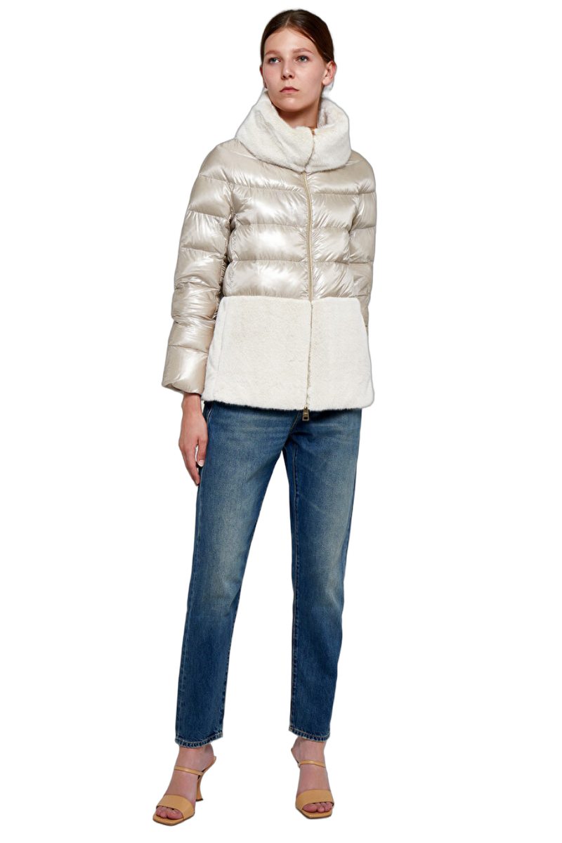 Herno 100% polyamide shell; down and feather filling; faux fur collar down jacket in white