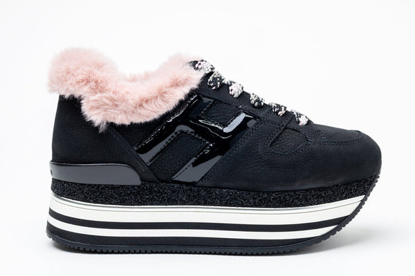 Hogan Black leather and nylon with pink faux fur sneaker in black