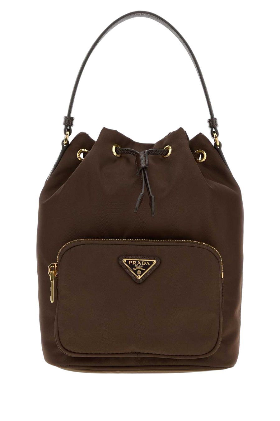 Prada Exterior: 100% Re-Nylon. Lining: 100% Fabric. Finishing: Golden metal. bucket bag in brown