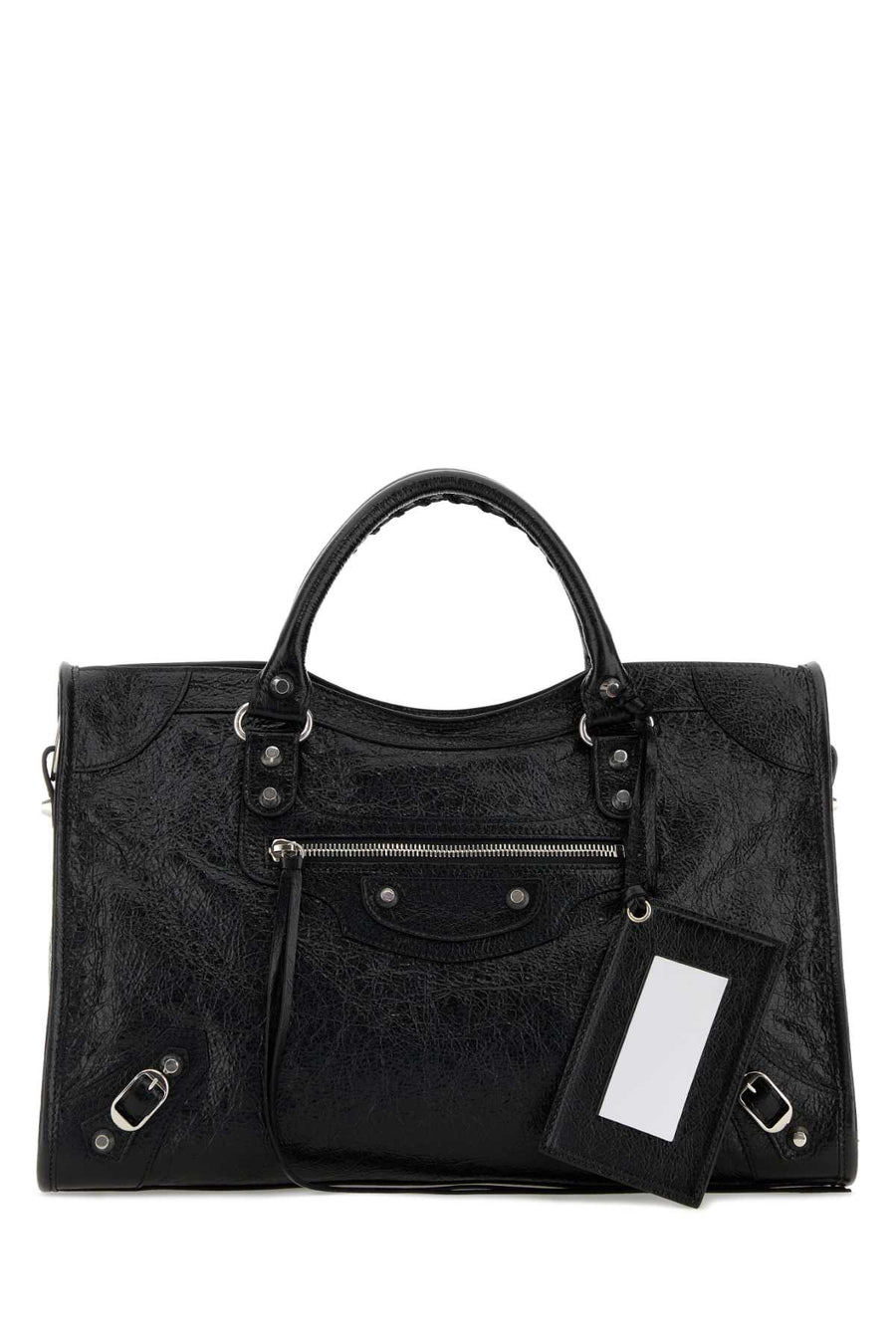 Balenciaga City Exterior: 100% Lamb; Lining: 100% Cotton; Finishing: Silver metal shoulder bag in black
