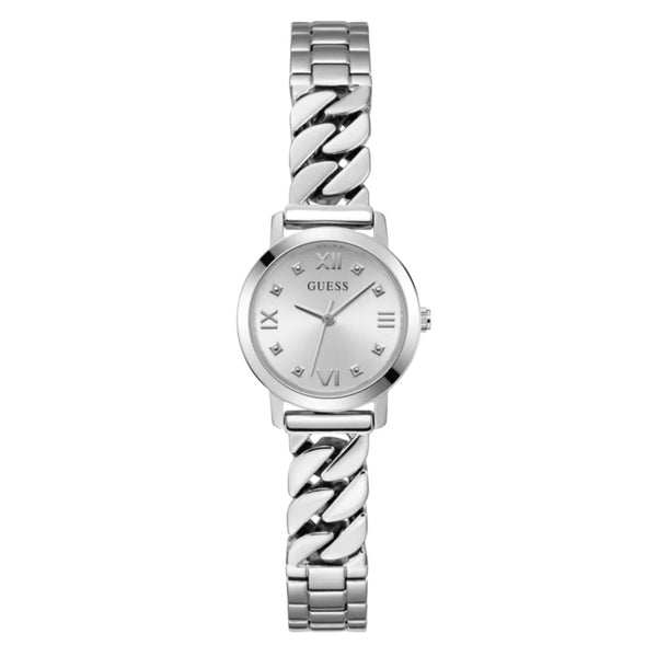 Guess Stainless steel case and bracelet; mineral crystal watch in silver