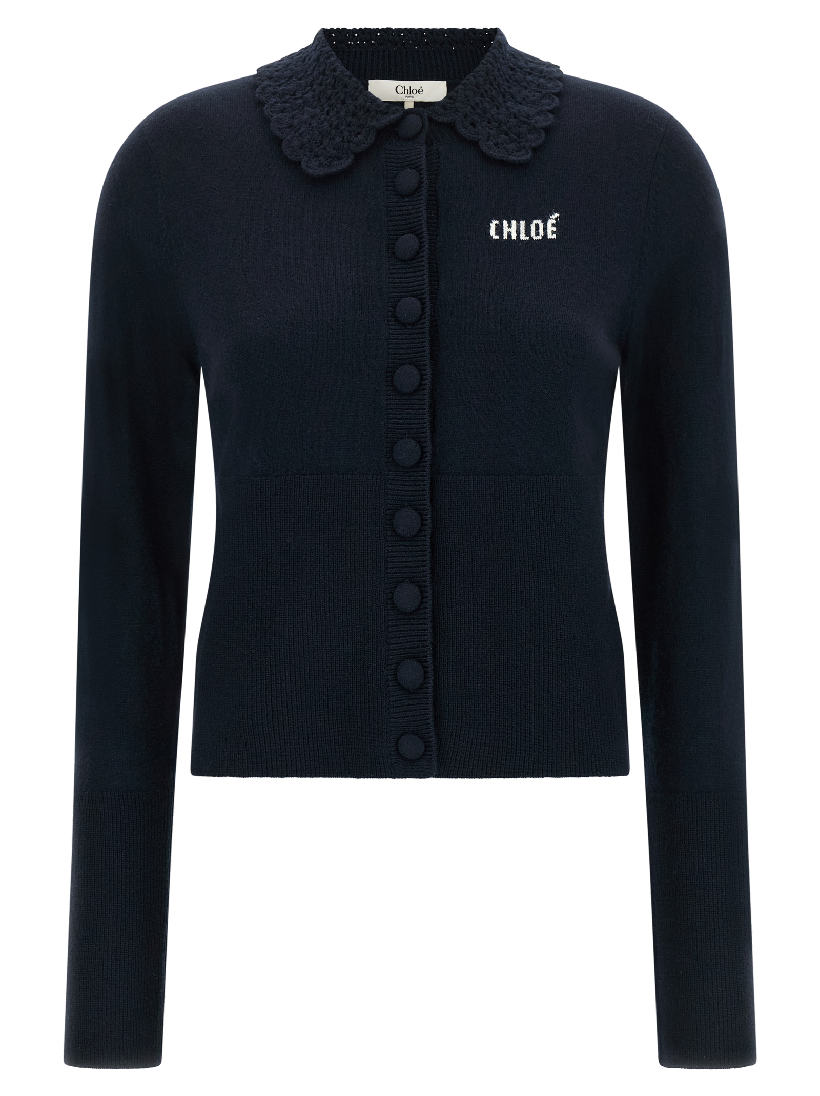 Chloé Crochet Collar Wool Cardigan — Navy