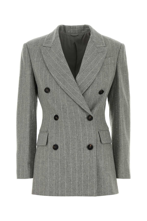 Embroidered Stretch Wool Blend Blazer Grigio Chiaro Giacche E Gilet