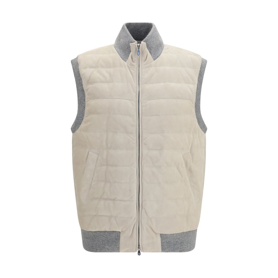 Beige Calf Leather Bos Taurus Sleeveless Jacket Clothing