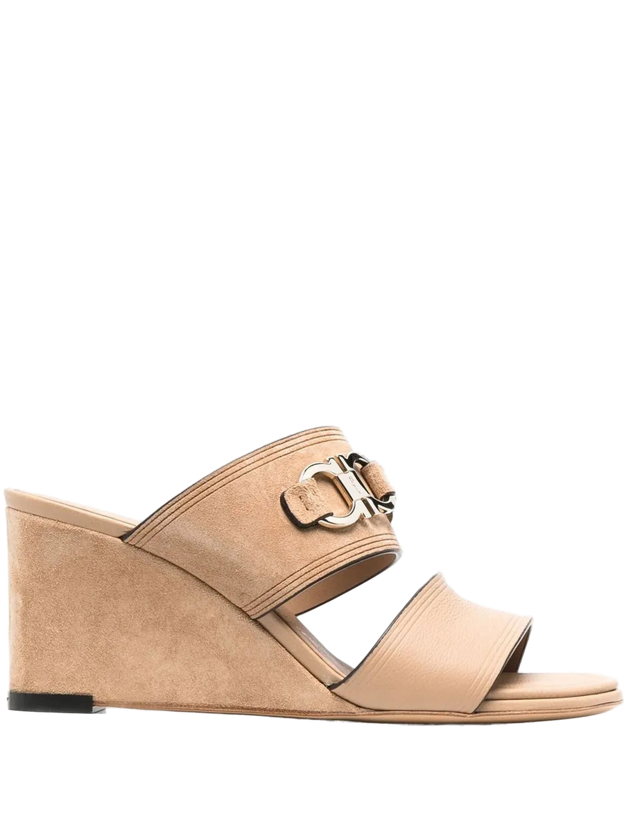 Ferragamo Suede and calf leather wedge mule in beige