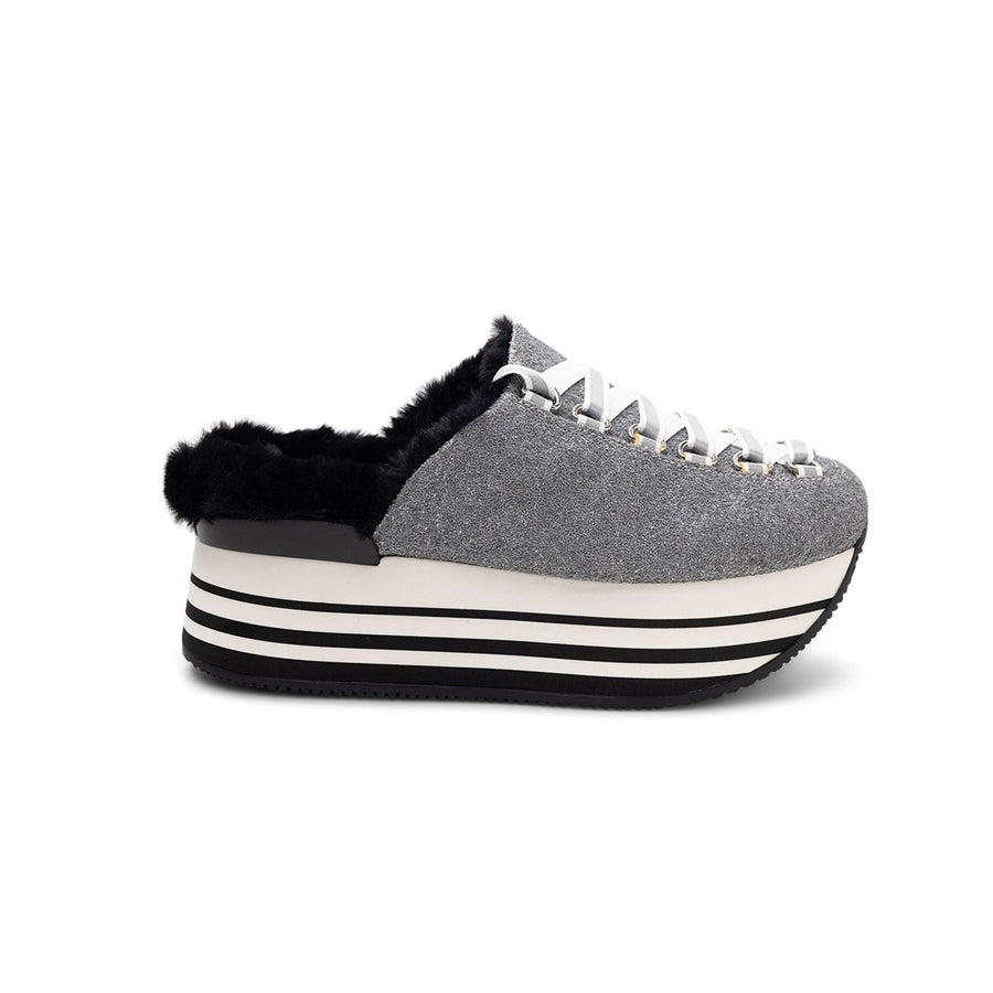 Hogan Silver grey glitter fabric slipper in gray