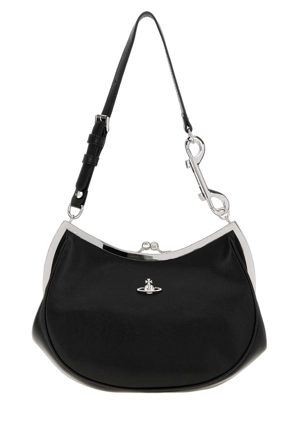 Vivienne Westwood Frame Exterior: 100% Calf; Lining: 100% Cotton; Finishing: Silver metal shoulder bag in black
