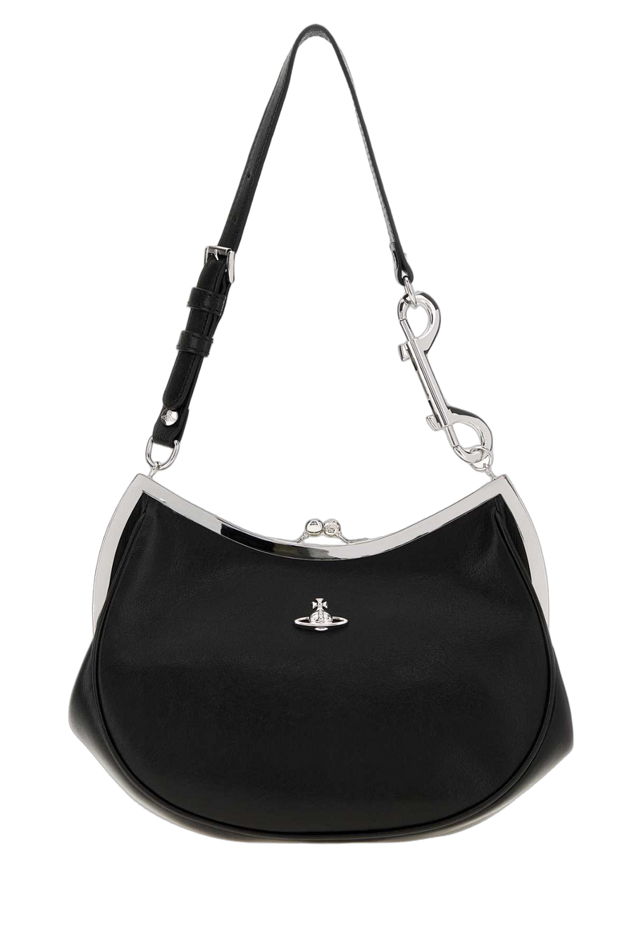 Vivienne Westwood Frame Exterior: 100% Calf; Lining: 100% Cotton; Finishing: Silver metal shoulder bag in black