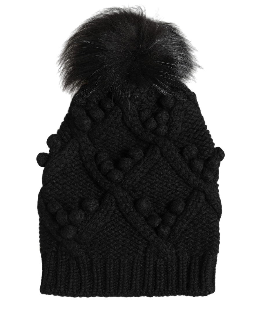 Dolce & Gabbana HAT10009 100% Cashmere with fur pom-pom beanie in black