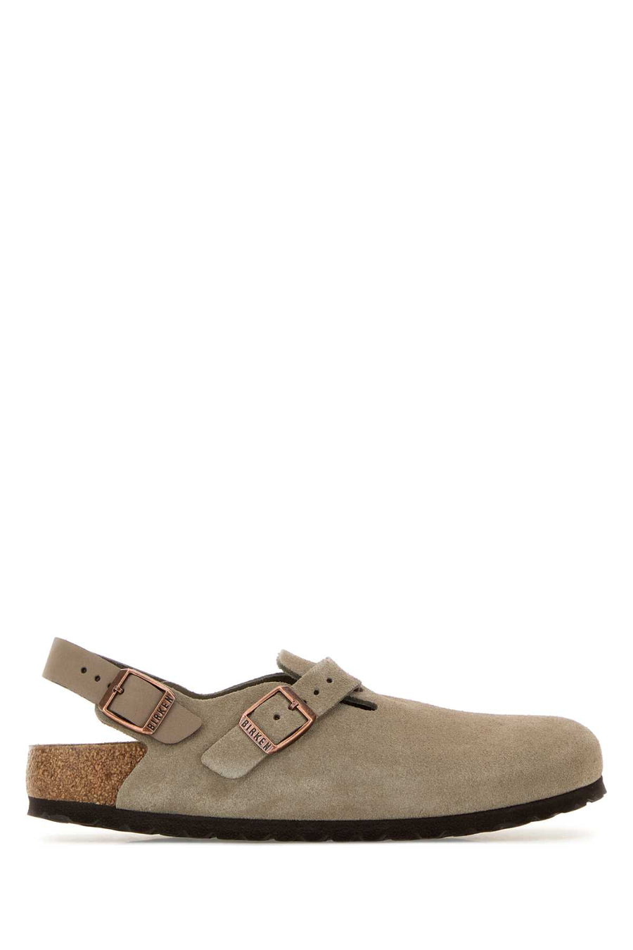 Birkenstock Suede Exterior: 100% Suede; Interior: 100% Leather; Sole: Rubber slingback in gray