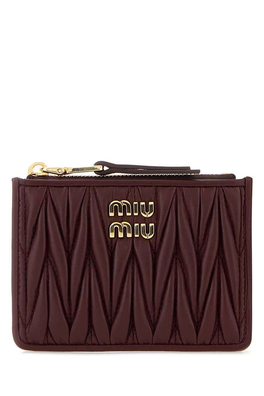 Miu Miu Exterior: 100% Nappa leather; Finishing: Golden metal card case in burgundy