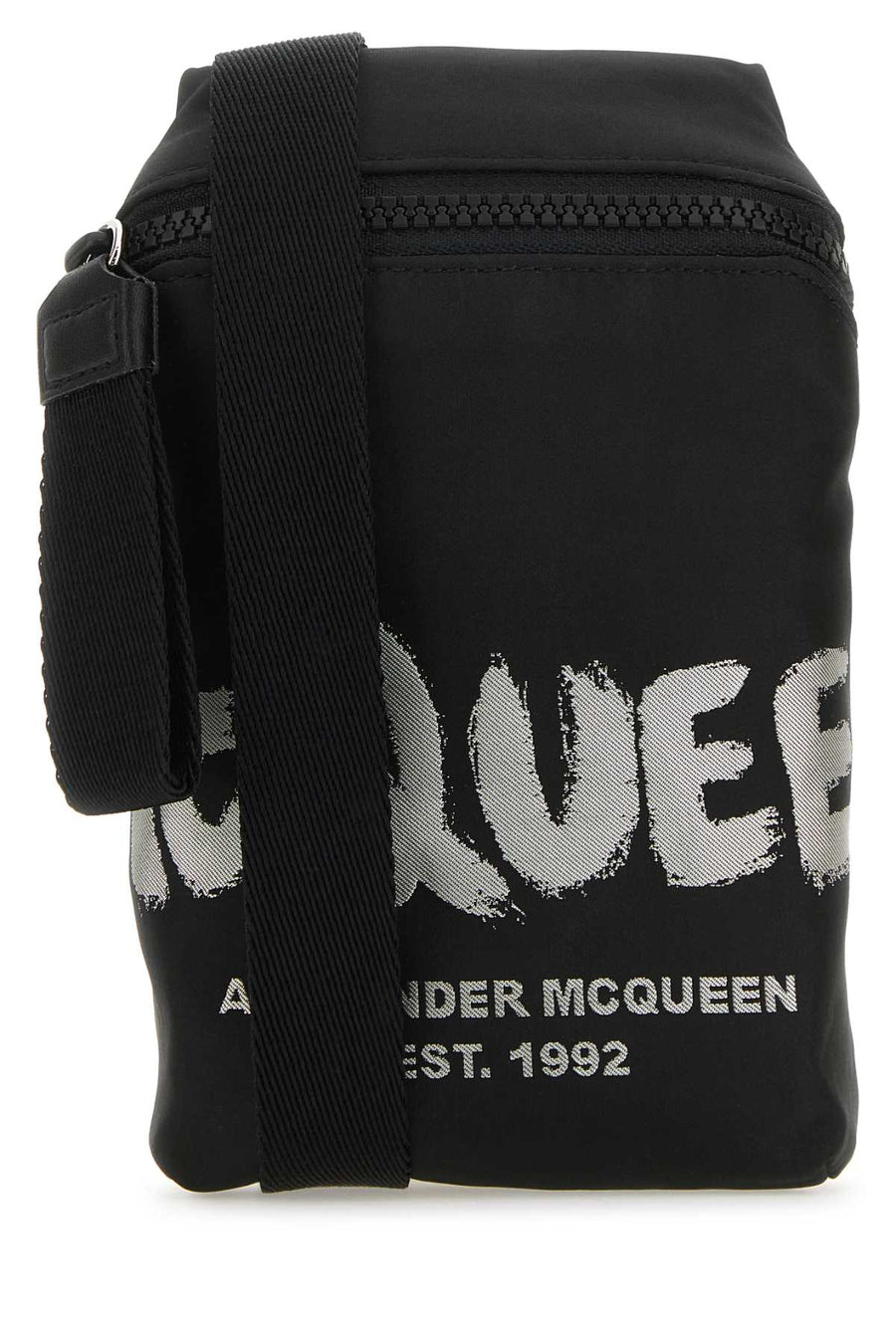 Alexander McQueen Phone Exterior: 100% Fabric; Lining: 100% Fabric; Finishing: Silver metal crossbody bag in black