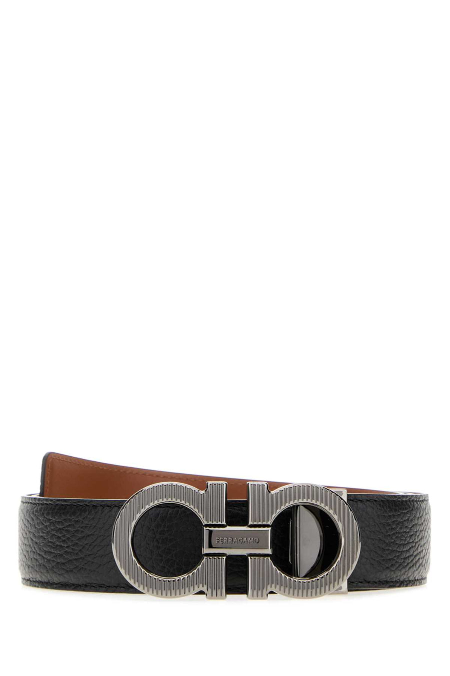 Ferragamo Adjus Exterior: 100% Calf Finishing: Ruthenium belt in black