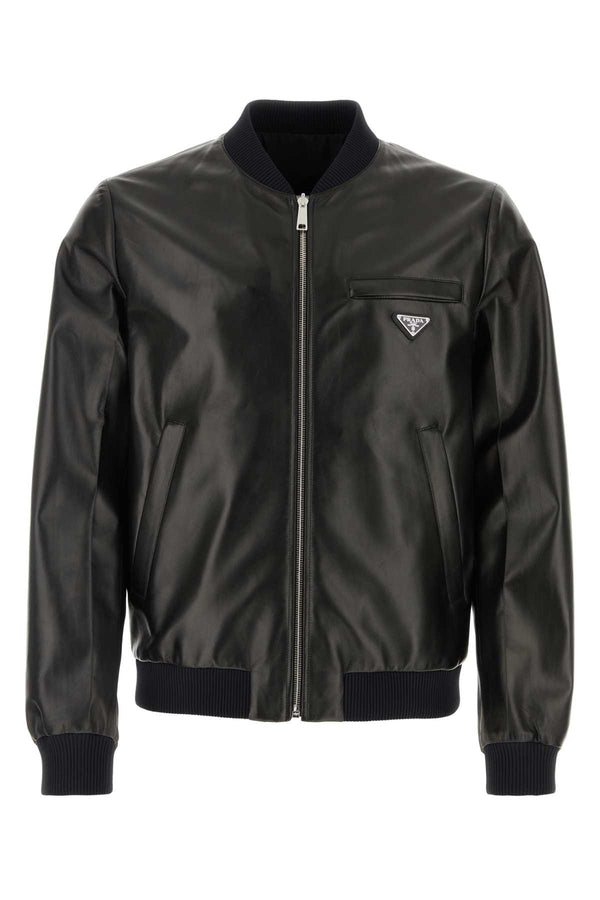 Prada 100% lamb leather bomber jacket in black