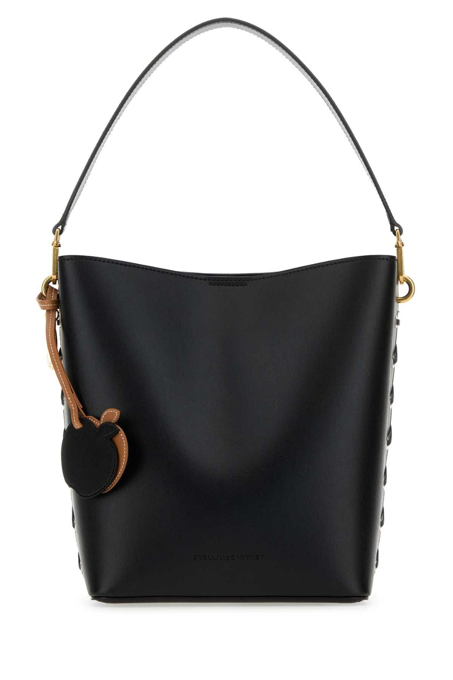 Stella McCartney Exterior: 56% Polyester 44% Cotton; Lining: 100% Recycled Nylon; Finishing: Antiqued Golden Metal shoulder bag in black