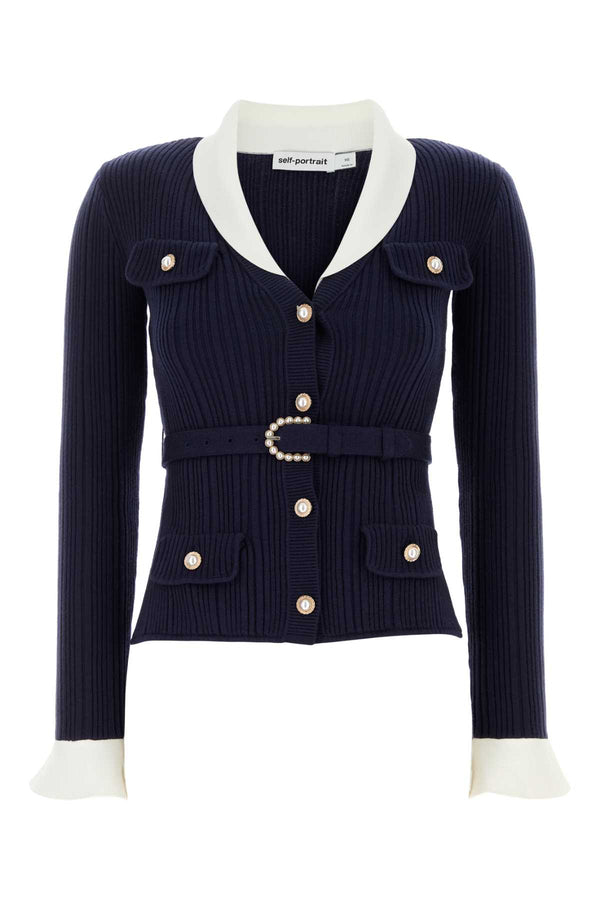 Self-Portrait Ribbed 41% Nylon cardigan in navy