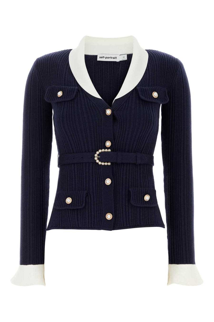 Self-Portrait Ribbed 41% Nylon cardigan in navy