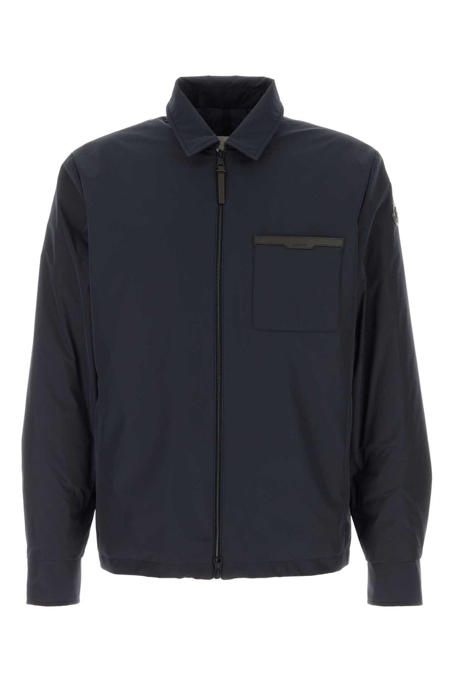 Moncler Shirt Outer: 100% Polyester; Leather Tag: 100% Real Leather; Leather Inserts: 100% Real Leather jacket in navy