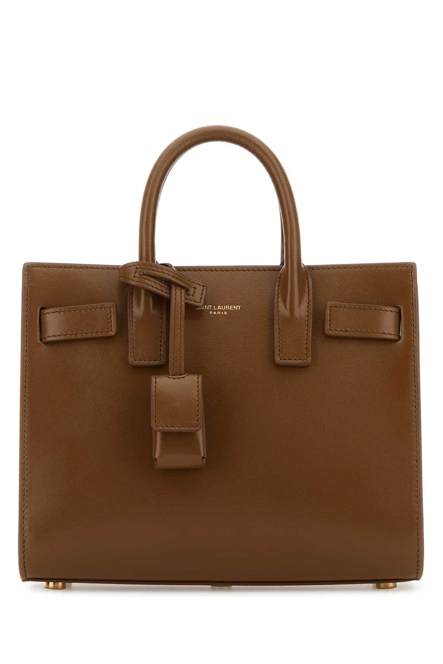 Saint Laurent Nano Exterior: 100% Calf Leather; Lining: 100% Leather; Finishing: Antiqued Golden Brass top handle bag in brown