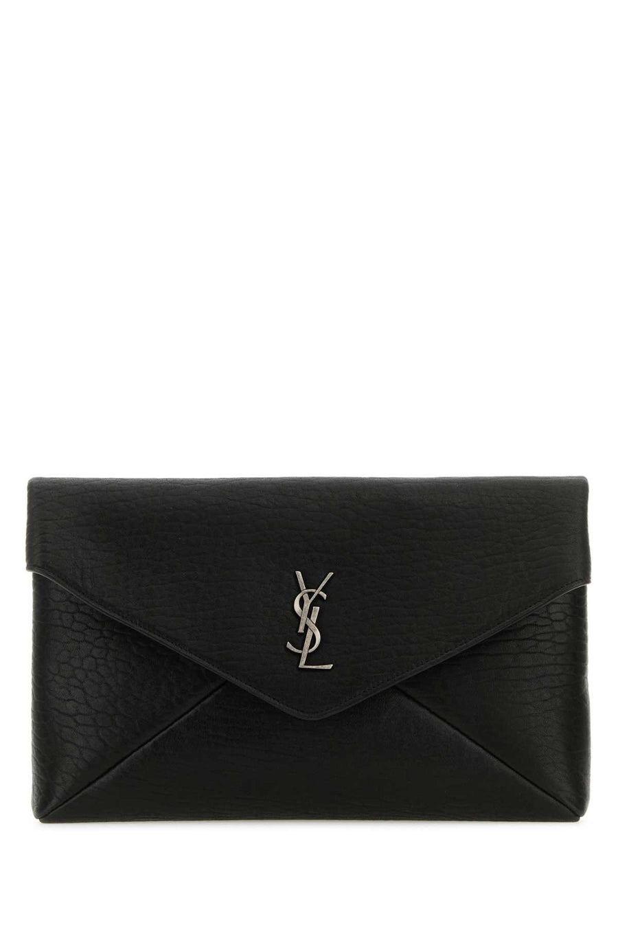 Saint Laurent Exterior: 100% Leather Finishing: Antiqued silver metal clutch in black