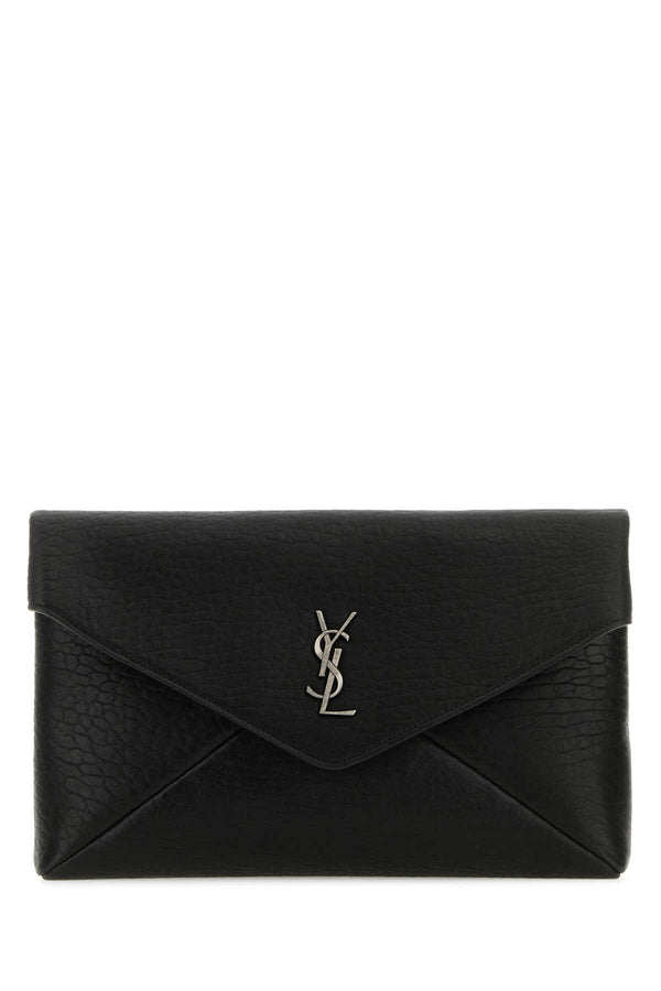 Saint Laurent Exterior: 100% Leather Finishing: Antiqued silver metal clutch in black