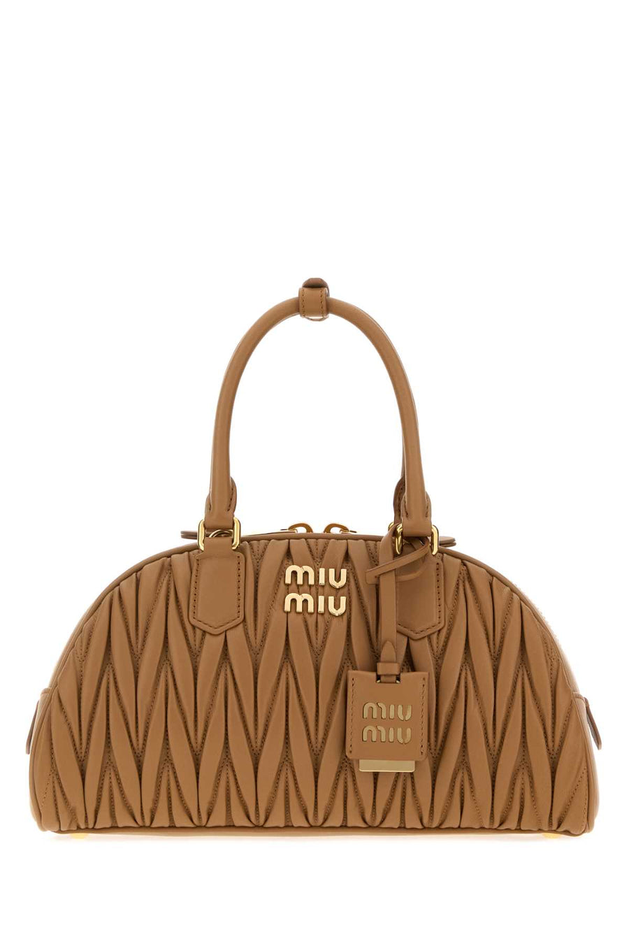 Miu Miu Exterior: 100% Nappa leather; Lining: 100% Fabric; Finishing: Golden metal shoulder bag in caramel