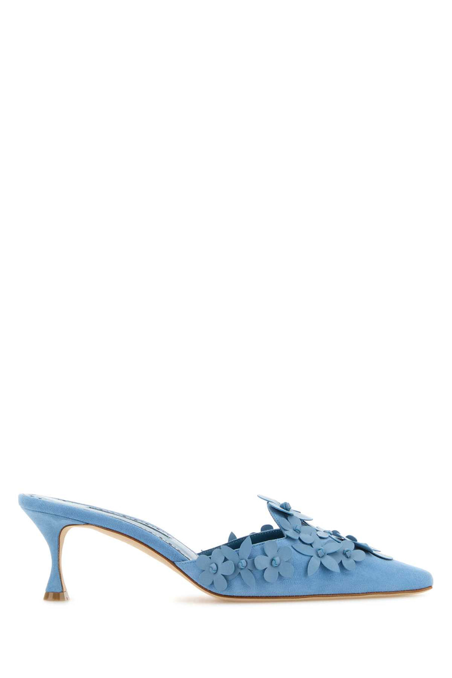Manolo Blahnik Mone Exterior: 100% Suede mule heel in blue