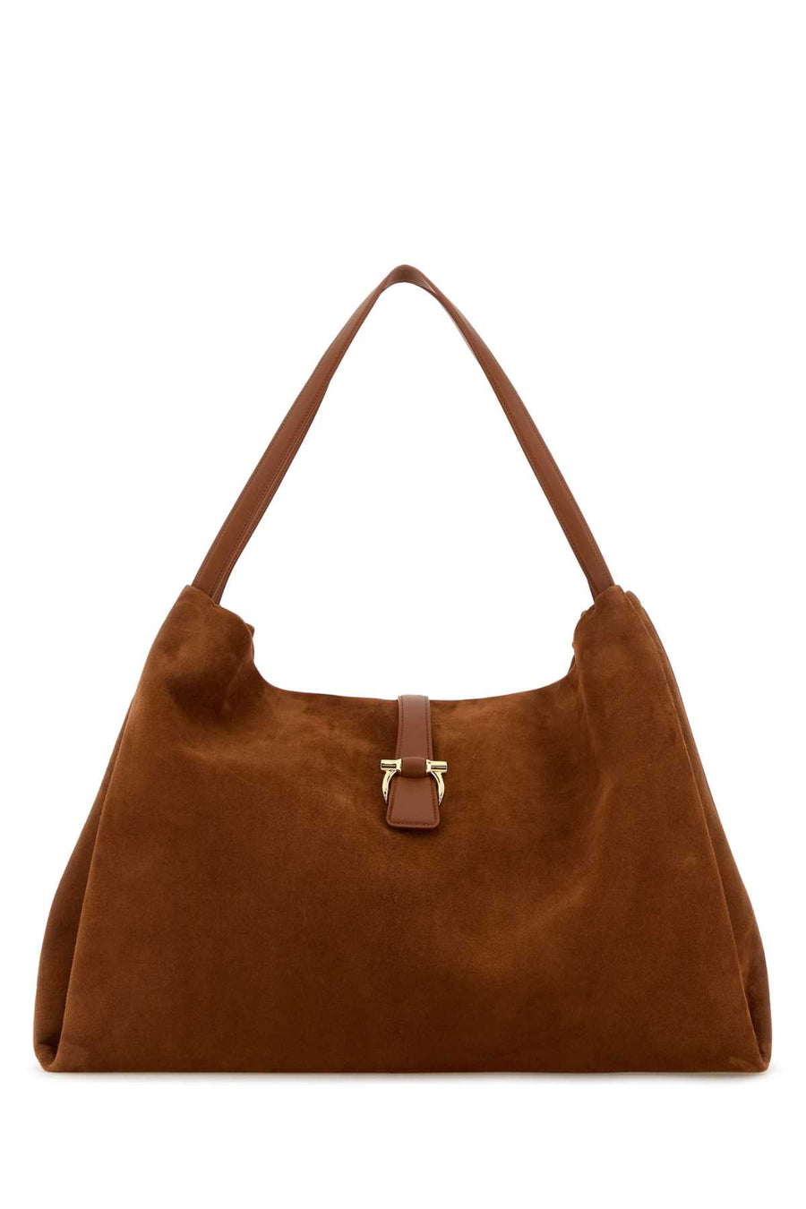 Ferragamo Exterior: 100% Calf suede. Lining: 100% Fabric. Finishing: Golden metal shoulder bag in brown