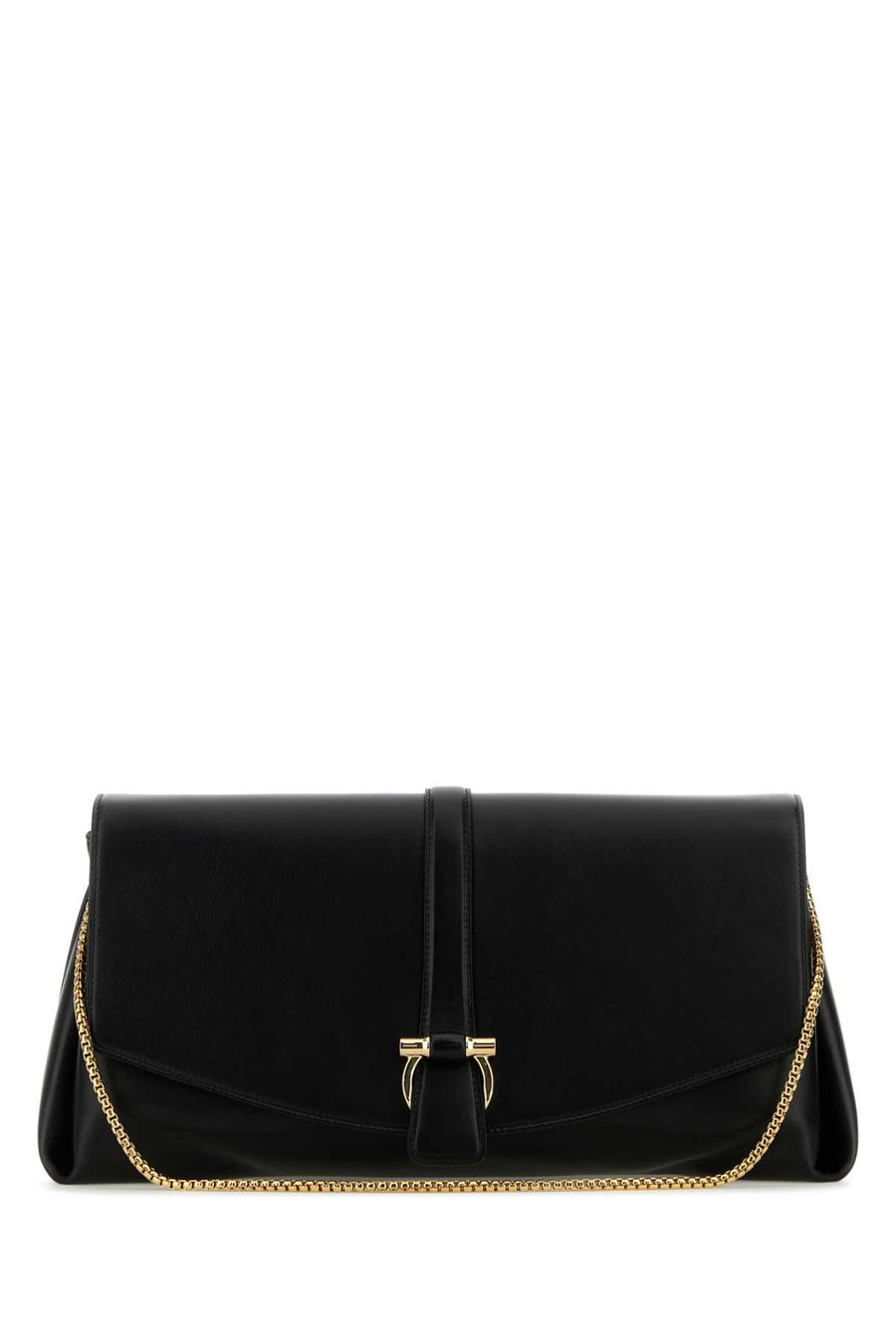 Ferragamo Nero Exterior: 100% Calf; Lining: 100% Fabric; Finishing: Golden metal clutch in black