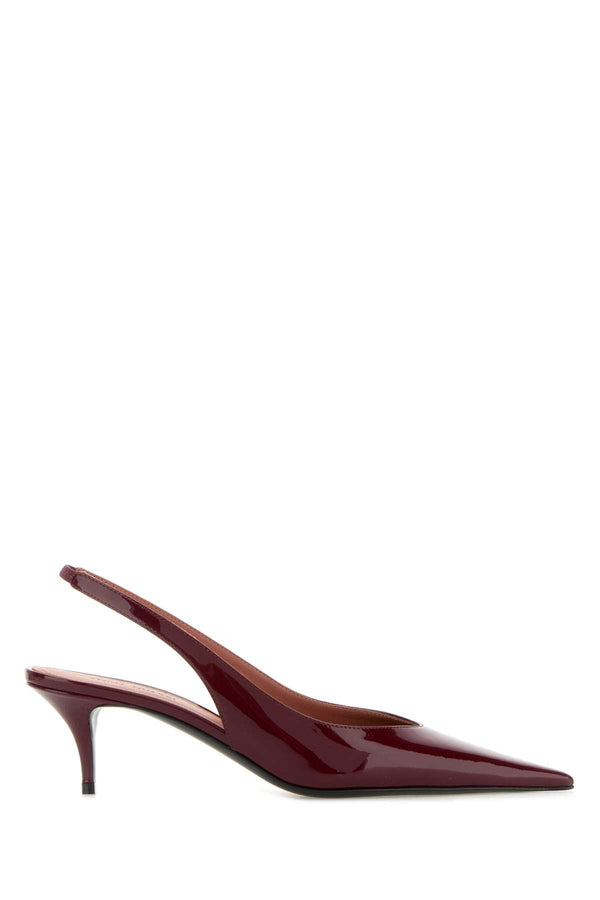Amina Muaddi Exterior: 100% Leather; Interior: 100% Leather; Sole: Leather and Rubber slingback heel in burgundy