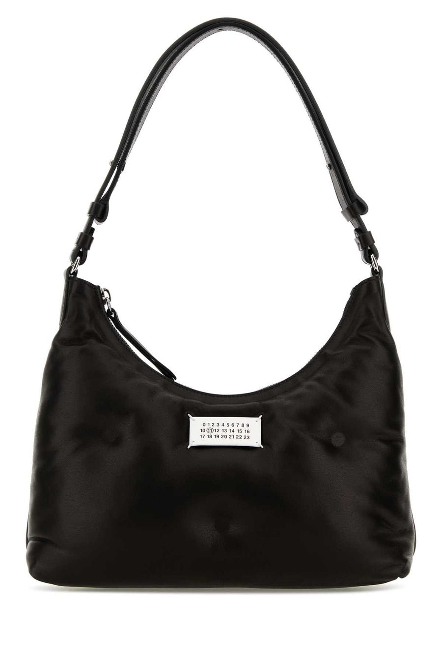 Maison Margiela Slam Body: 100% lamb leather; Patch: 100% bovine leather; Lining: 100% polyester; Interior: 100% lamb leather; Hardware: 100% brass; Secondary hardware: 100% zinc alloy hobo bag in black