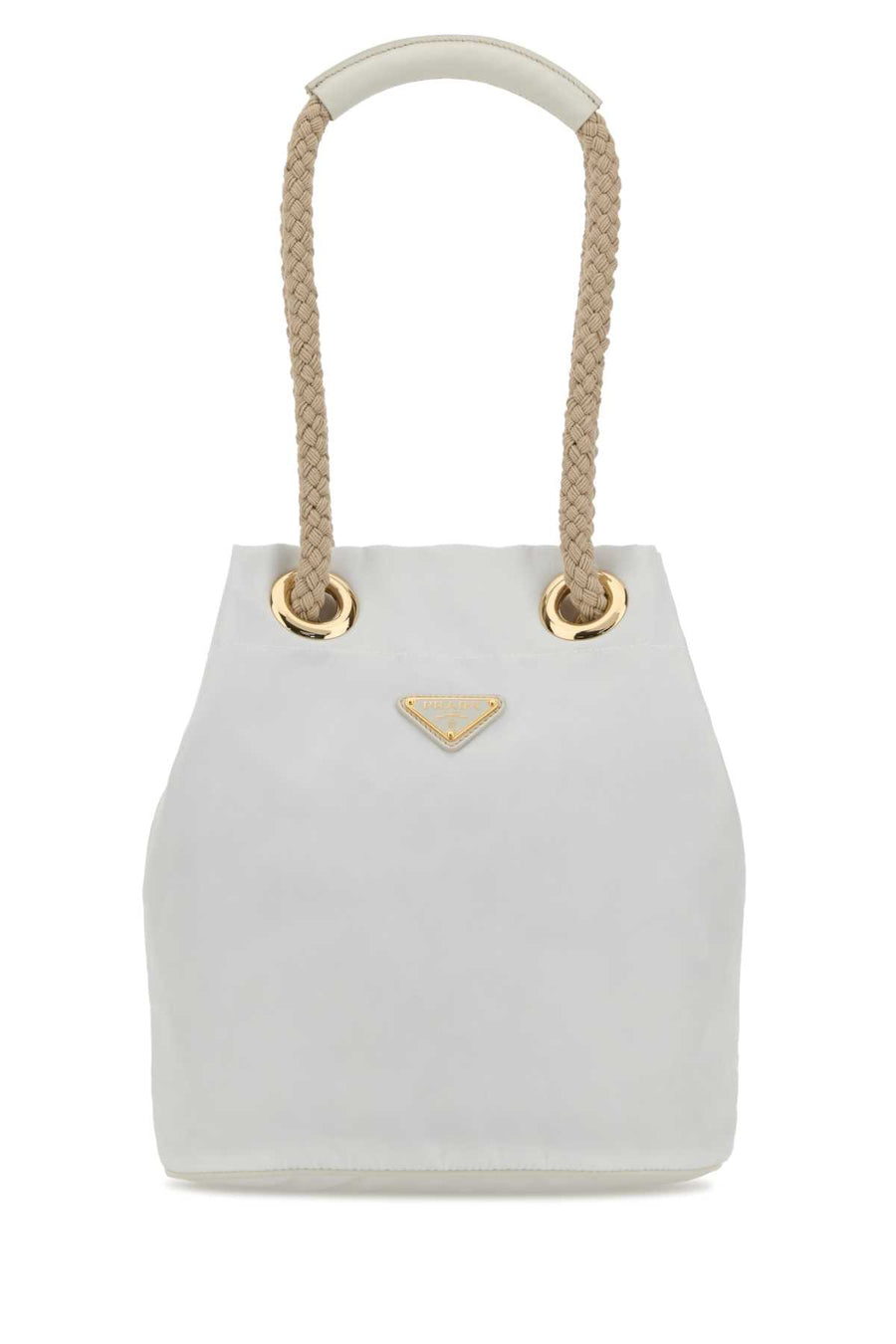Prada Exterior: 100% Fabric (Re-Nylon); Interior: 100% Fabric; Finishing: Golden metal bucket bag in white