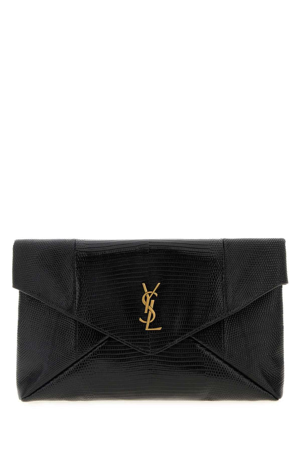 Saint Laurent Busta Exterior: 100% Reptile; Lining: 100% Lamb; Hardware: Antiqued golden metal clutch in black