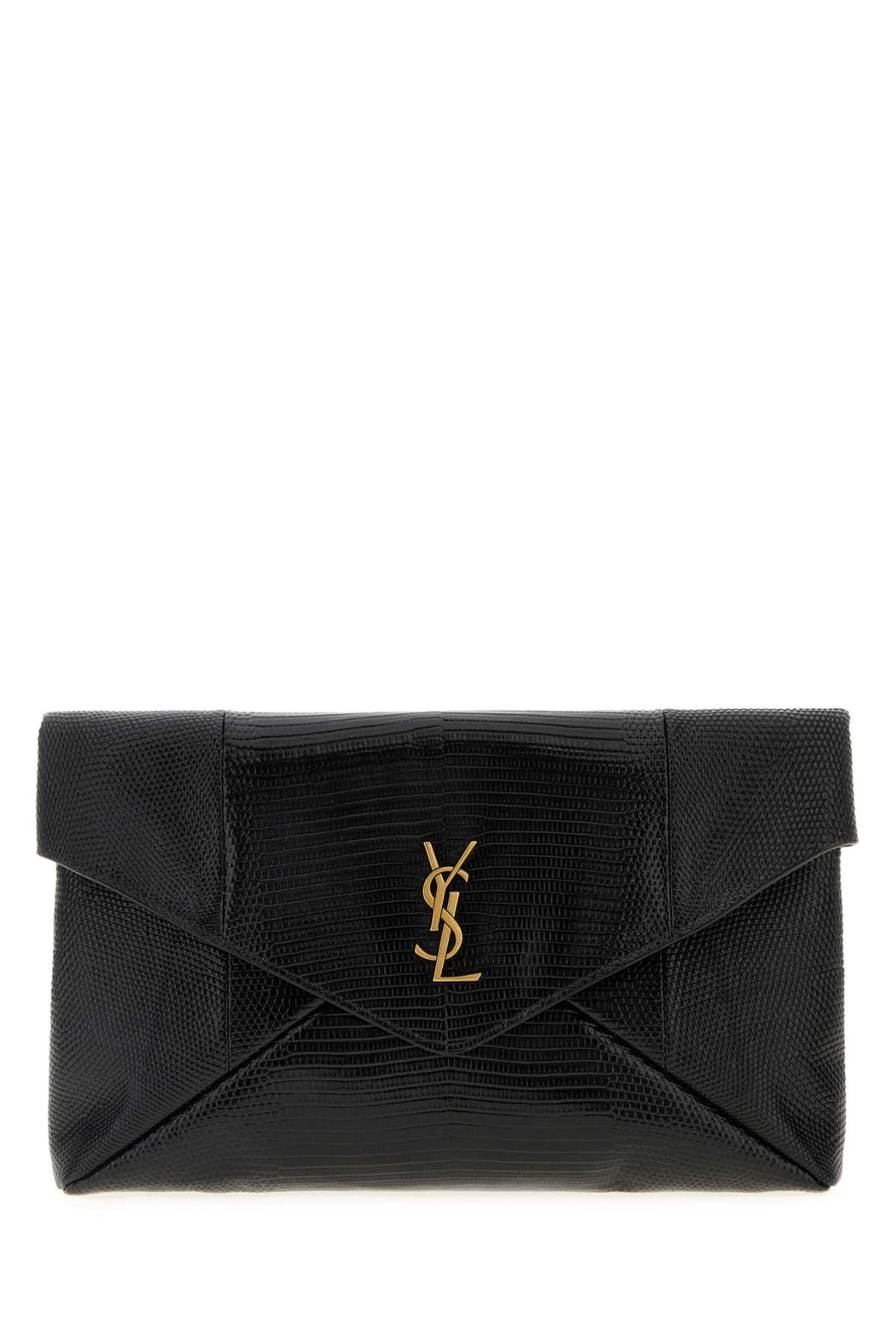 Saint Laurent Busta Exterior: 100% Reptile; Lining: 100% Lamb; Hardware: Antiqued golden metal clutch in black