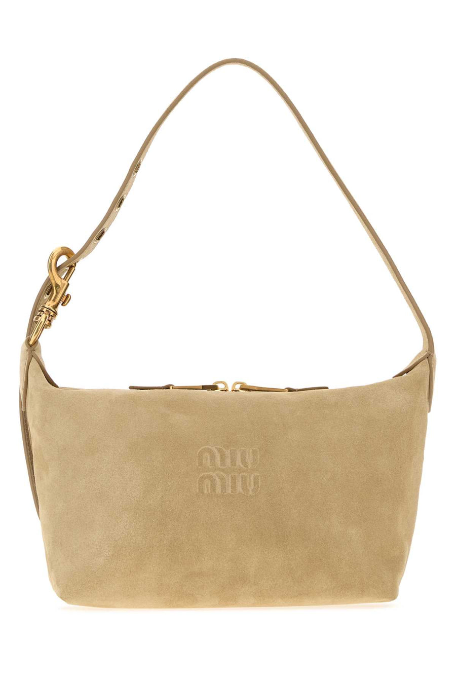 Miu Miu Exterior: 100% Suede; Lining: 100% Fabric; Finishing: Antiqued golden metal shoulder bag in beige