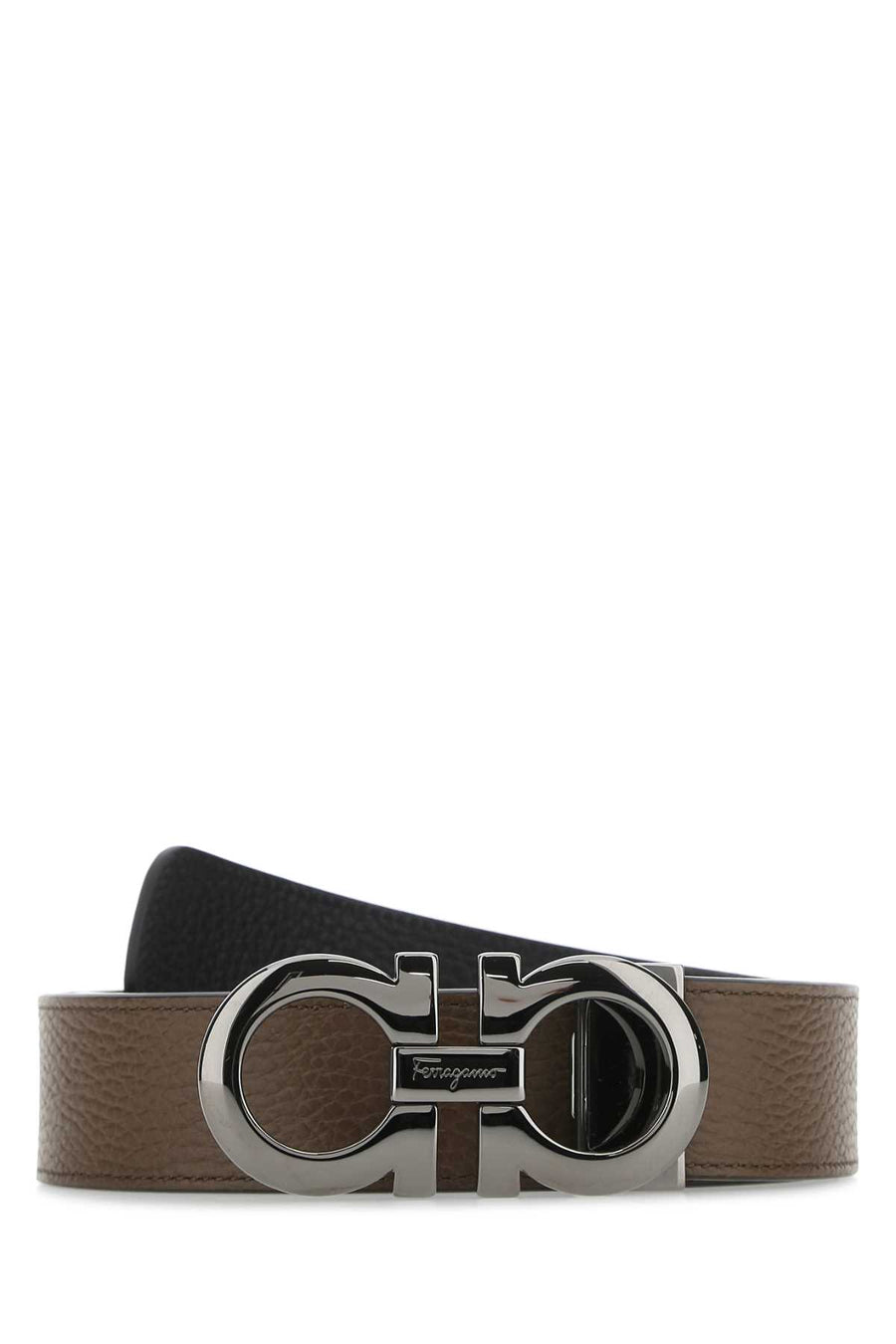 Ferragamo Exterior: 100% Calf; Finishing: Ruthenium belt in brown