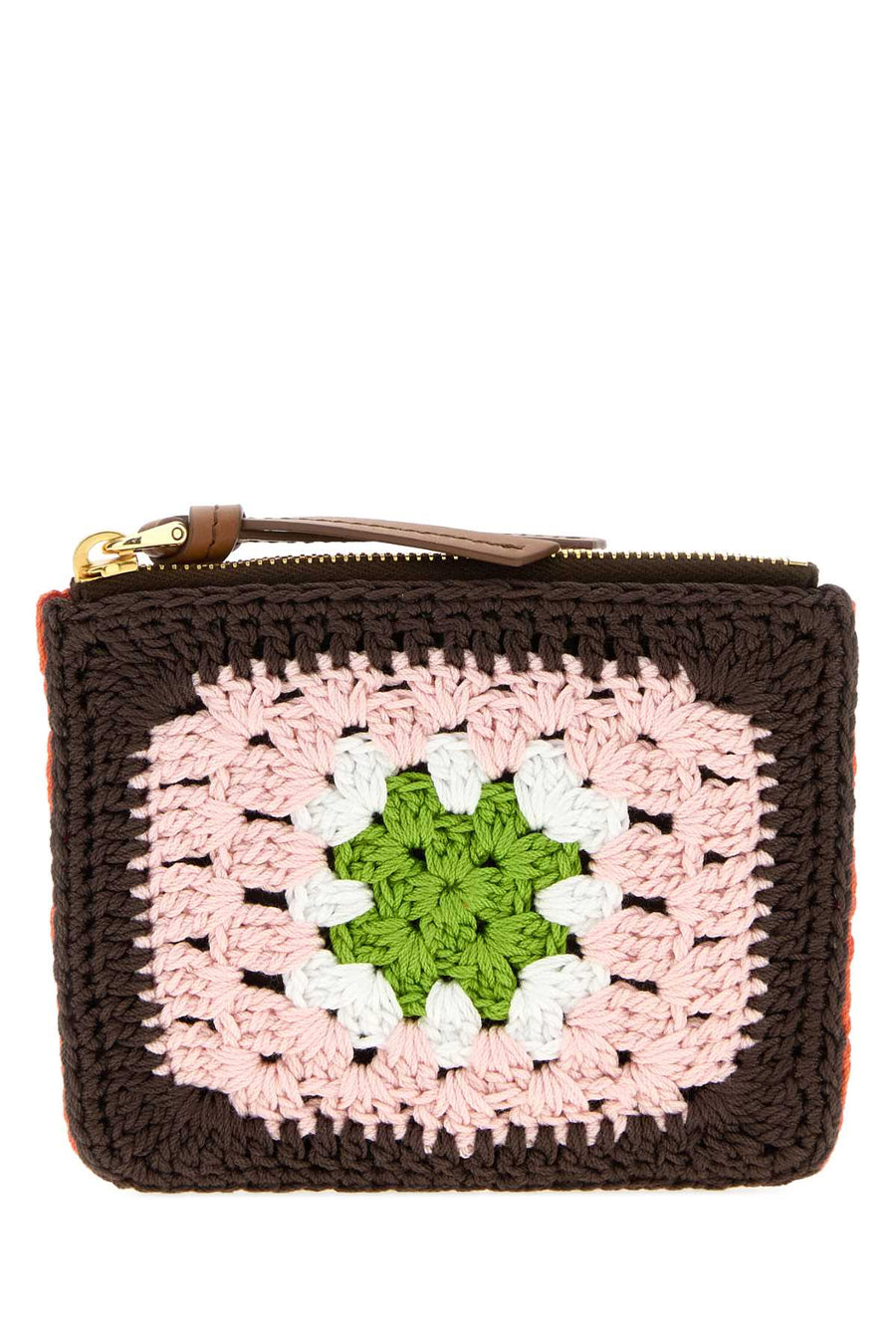 Miu Miu 100% Crocheted Fabric; Finishing: Silver metal trim card case in brown