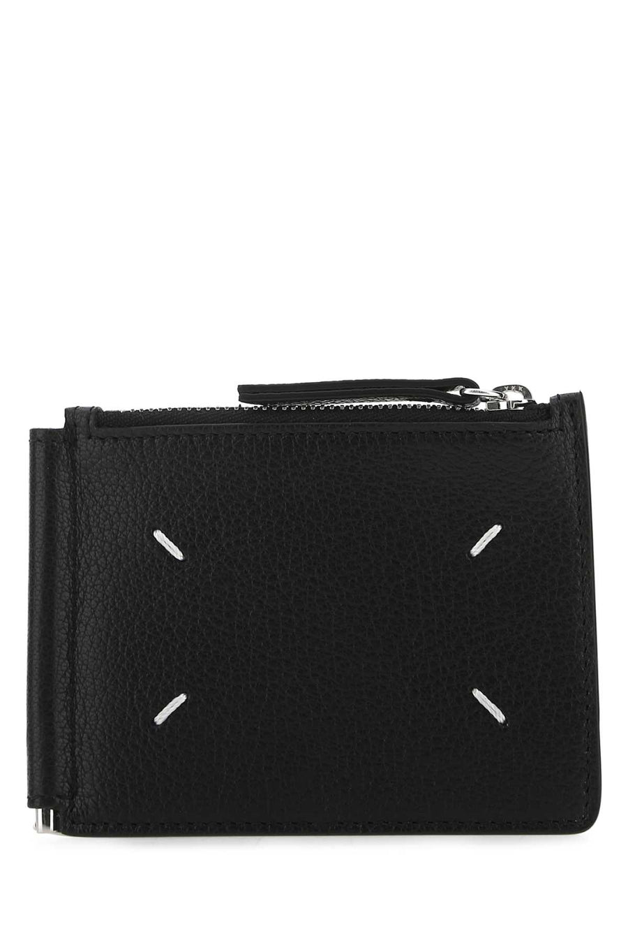 Maison Margiela Body: 100% Goat Leather; Interior: 100% Goat Leather; Lining: 100% Viscose; Metal hardware: 100% Brass; Metal hardware 1: 94% Zinc Alloy card case in black