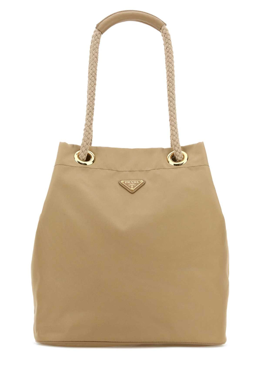Prada Exterior: 100% Fabric (Re-Nylon); Lining: 100% Fabric; Finishing: Golden metal bucket bag in beige