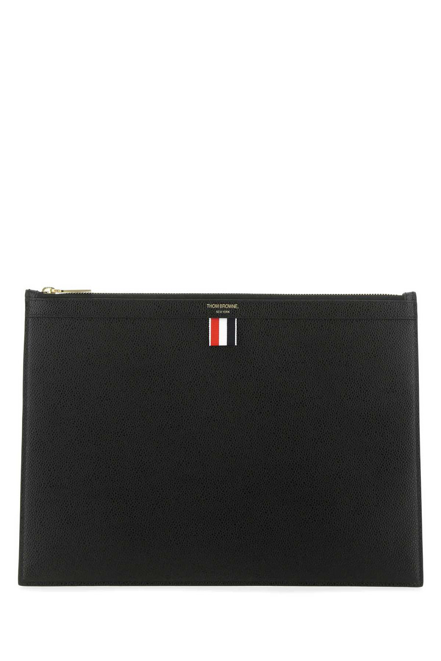 Thom Browne Documenti Exterior: 100% Leather; Lining: 100% Fabric; Finishing: Golden metal clutch in black