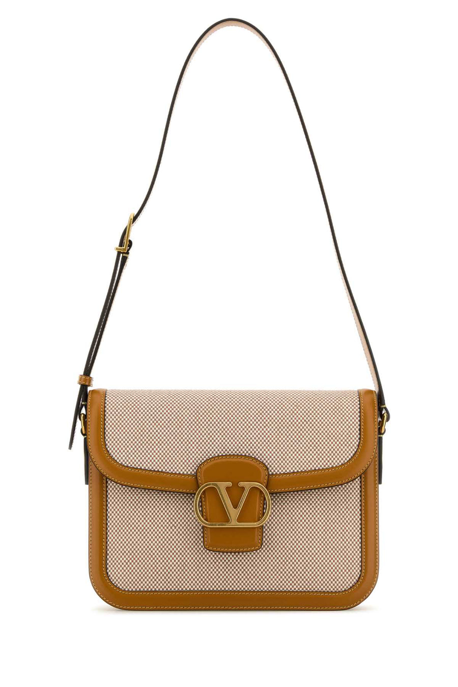 Valentino Garavani Exterior: Canvas and Leather; Lining: Nappa Leather; Hardware: Gold-tone metal shoulder bag in beige