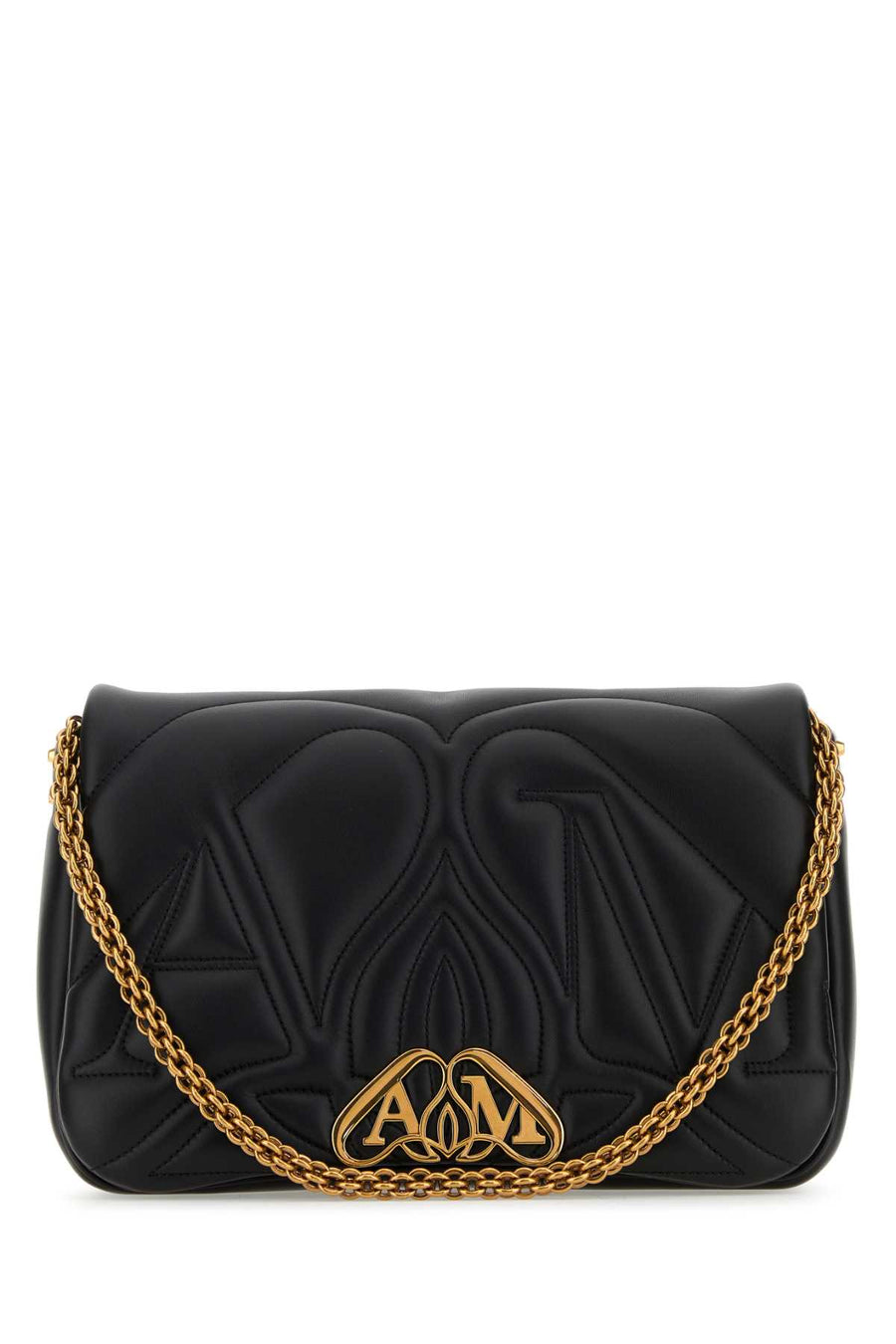 Alexander McQueen Exterior: 100% Lamb; Lining: 100% Lamb; Finishing: Antiqued golden metal shoulder bag in black