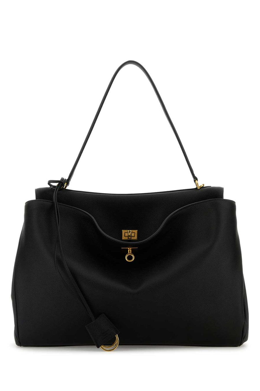 Balenciaga Handle Exterior: 100% Leather; Lining: 100% Leather; Finishing: Antiqued golden metal top handle bag in black