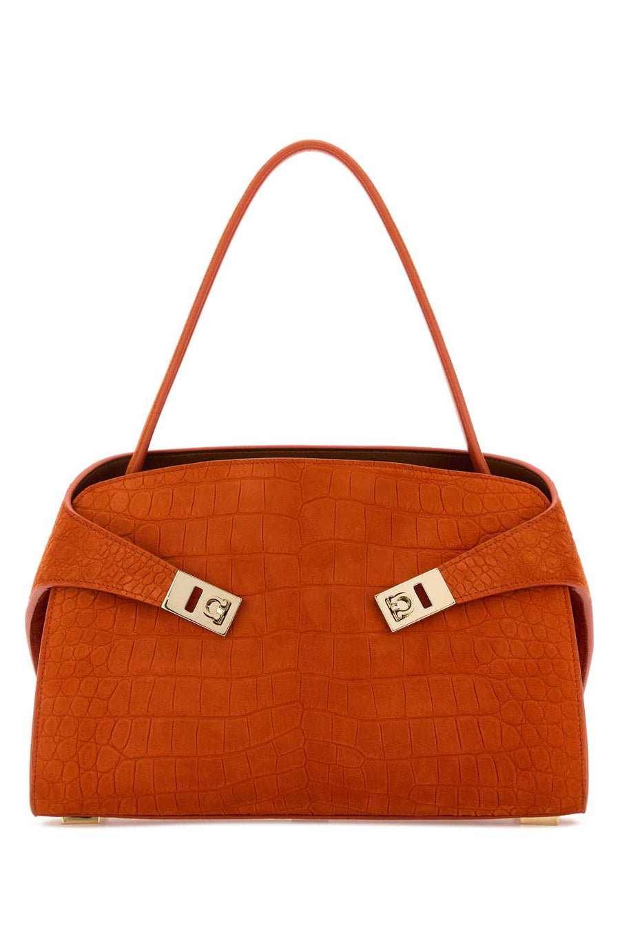 Ferragamo Exterior: 100% Suede; Lining: 100% Leather; Finishing: Golden metal shoulder bag in orange