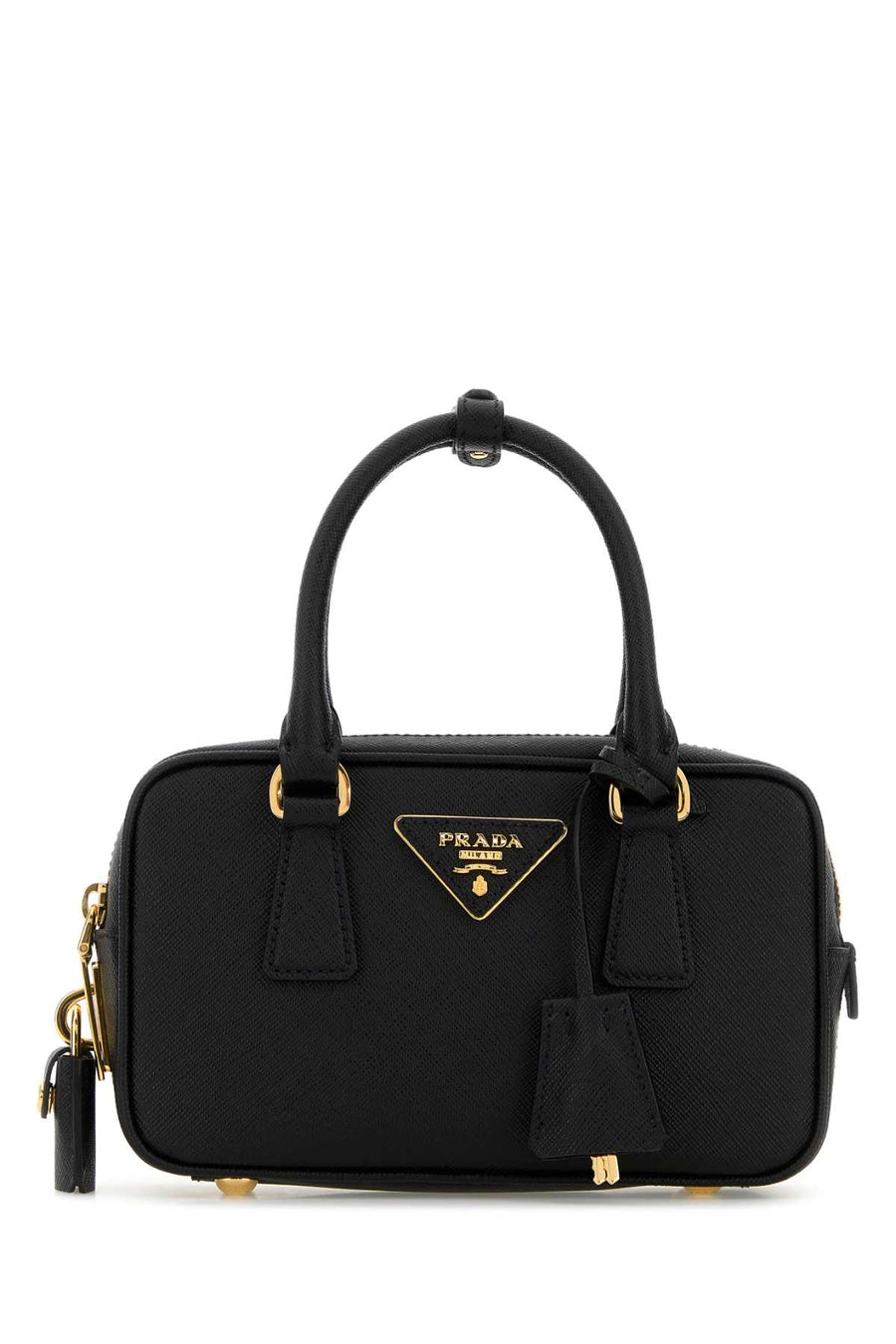 Prada Exterior: 100% Leather; Lining: 100% Fabric; Finishing: Golden metal top handle bag in black