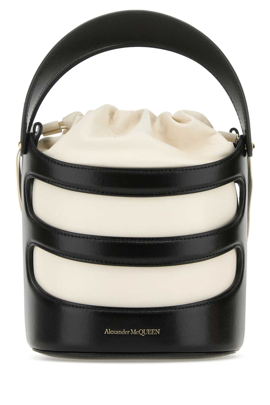 Alexander McQueen Exterior: 100% Leather; Lining: 100% Leather; Finishing: Golden metal bucket bag in black