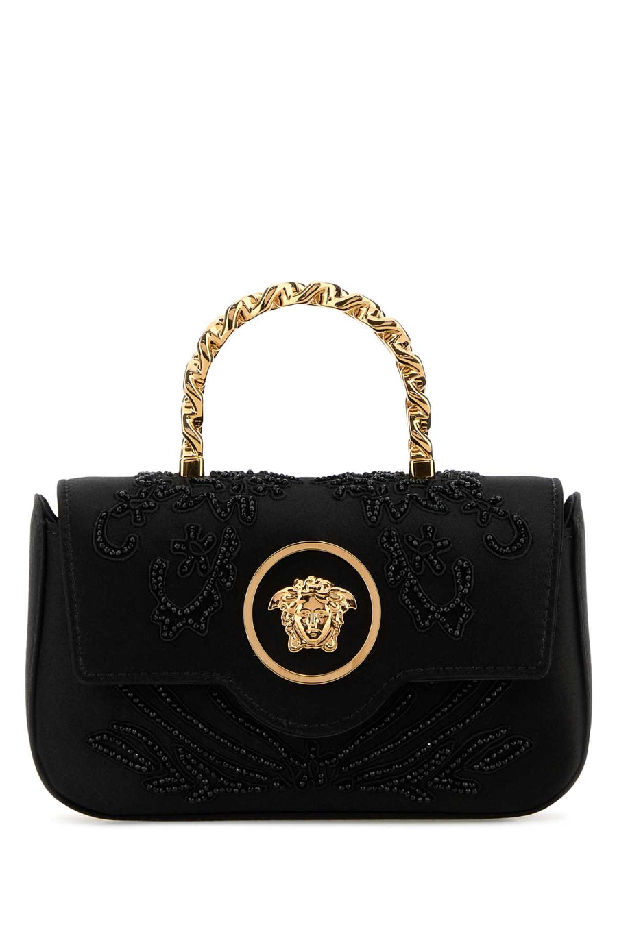 Versace Exterior: 100% Fabric; Lining: 100% Fabric; Finishing: Golden metal top handle bag in black