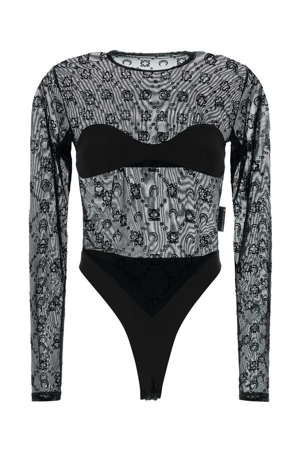 Marine Serre Mesh 86% Recycled nylon bodysuit in black